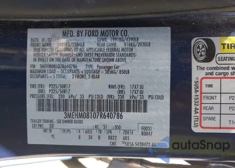 2007 Mercury Milan V6 Premier z USA, uszkodzony, nr VIN 3MEHM08107R640786